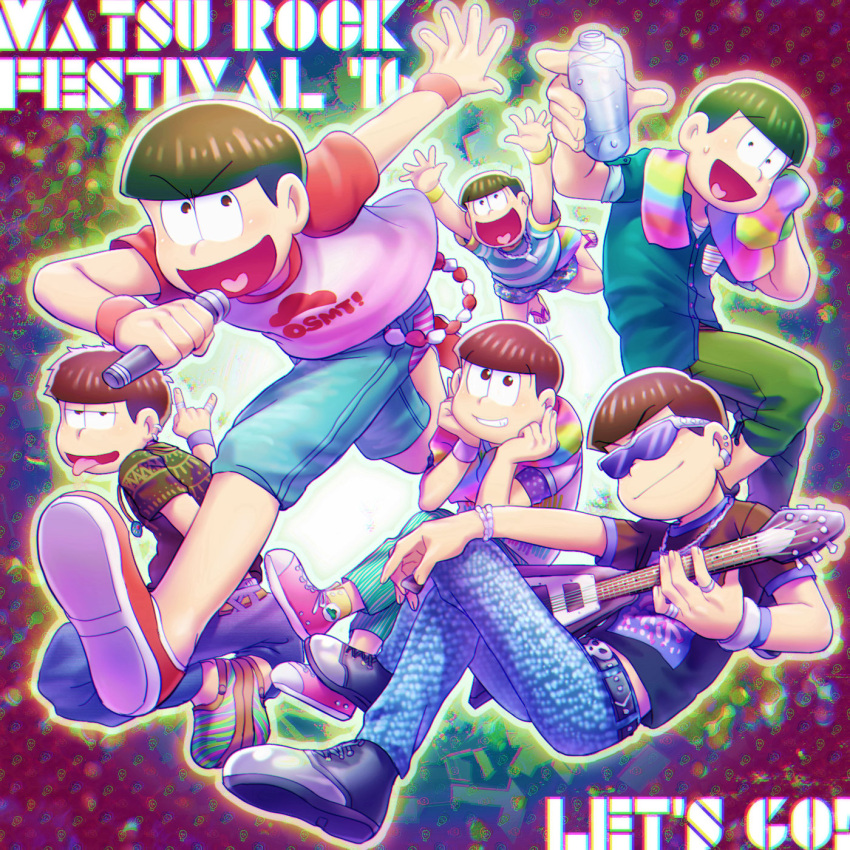 6+boys \m/ bottle bowl_cut brothers brown_hair capri_pants earrings electric_guitar english guitar heart heart_in_mouth highres instrument jewelry matsuno_choromatsu matsuno_ichimatsu matsuno_juushimatsu matsuno_karamatsu matsuno_osomatsu matsuno_todomatsu microphone multiple_boys osomatsu-kun osomatsu-san pants sandals sextuplets shirt shoes shorts show_chiku-by siblings smile sneakers sunglasses t-shirt towel water_bottle wristband