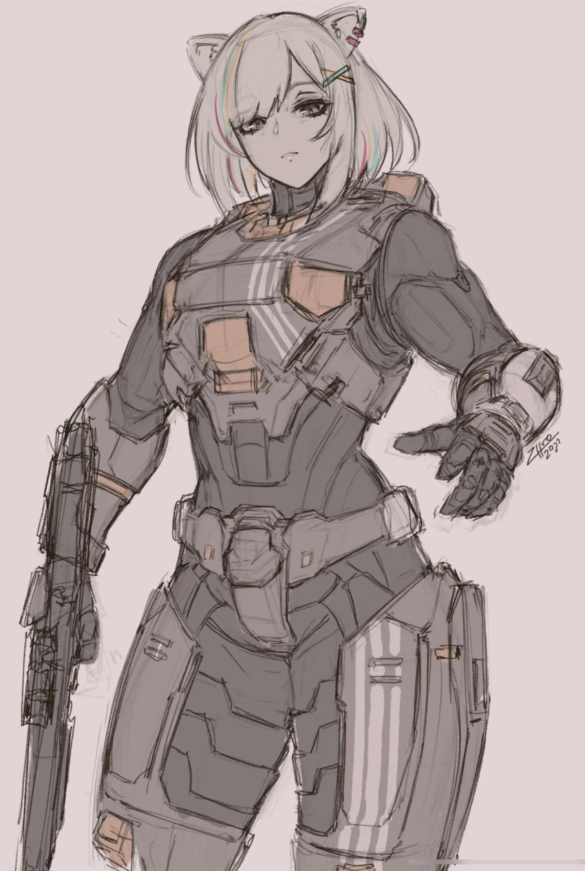 1girl animal_ears assault_rifle bullpup frown grey_eyes grey_hair gun hair_ornament hairclip halo_(series) halo_infinite highres holding holding_gun holding_weapon hololive lion_ears lion_girl ma5 multicolored_hair power_armor power_suit rifle shishiro_botan short_hair simple_background sketch solo standing streaked_hair virtual_youtuber weapon zhvo