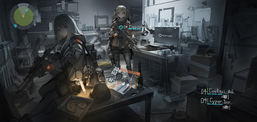 2girls aperture_science backpack bag book bottle box brown_eyes cardboard_box computer_keyboard desk food gun highres holding_gun holding_weapon long_hair looking_at_viewer monitor multiple_girls open_book picture_frame pizza pizza_box renatus.z shorts sitting spoon table thigh-highs tom_clancy's_the_division twintails weapon