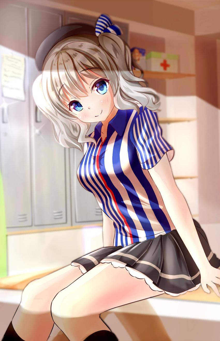 1girl absurdres blue_eyes breasts employee_uniform hat highres kantai_collection kashima_(kantai_collection) lawson max30788 silver_hair smile solo twintails uniform wavy_hair