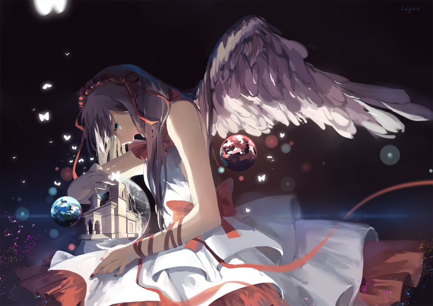 1girl arch blue_eyes bow building butterfly despair dress earth fingernails headdress large_bow long_hair nail_polish night night_sky original purple_hair red red_bow red_nails red_ribbon ribbon sky solo tagme tayen wings