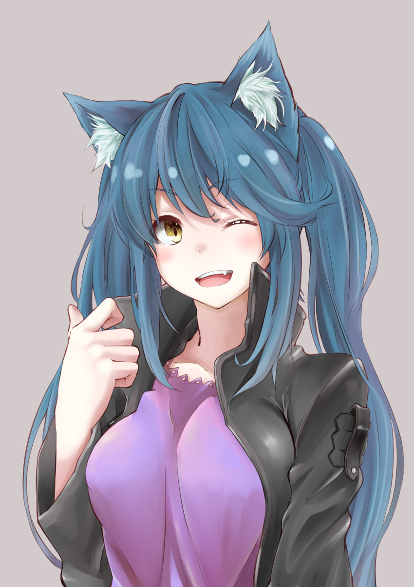 1girl ;d absurdres albireo_(yumekui_merry) animal_ears artist_request blue_hair blush cat_ears fang grey_background highres long_hair one_eye_closed open_mouth simple_background slit_pupils smile solo twintails yellow_eyes yumekui_merry