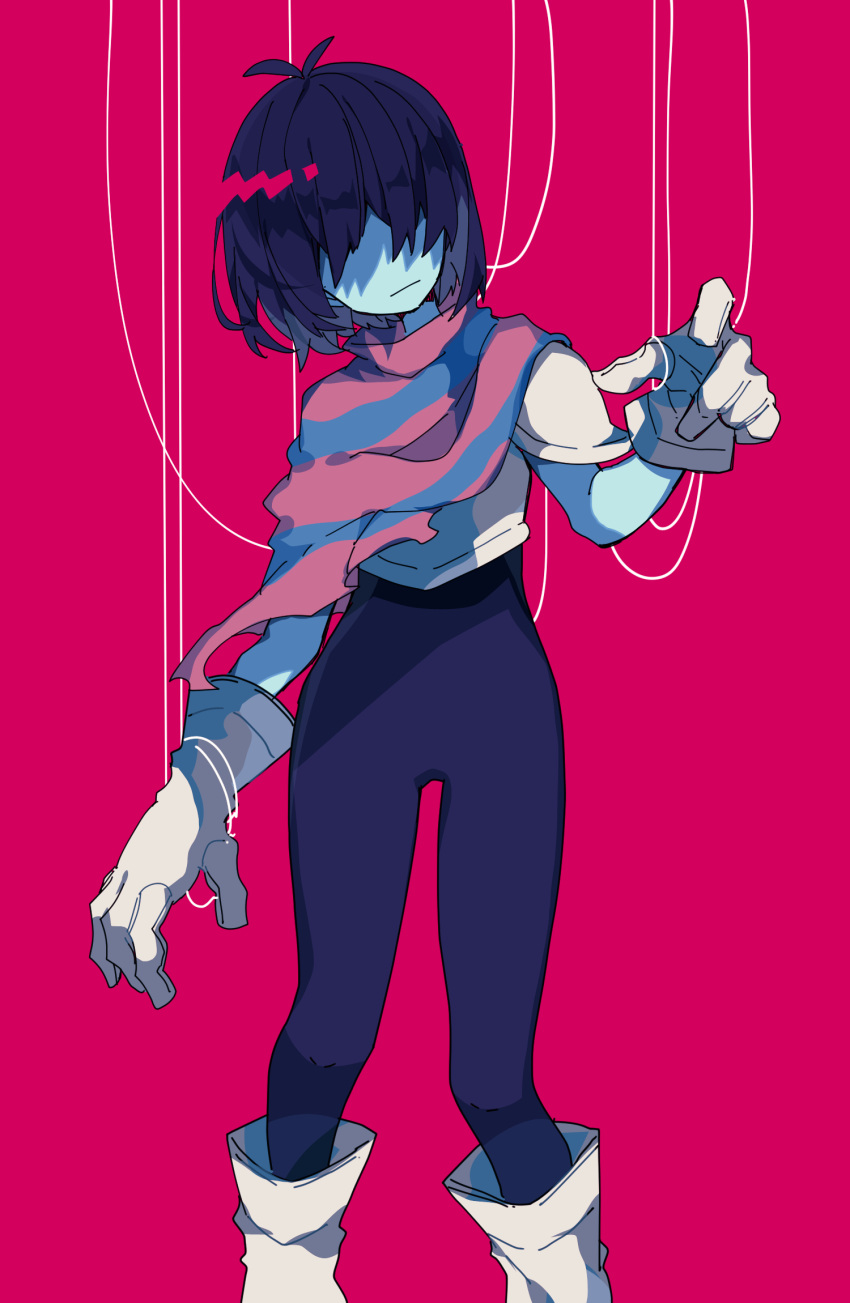 1other :| androgynous antenna_hair armor blue_bodysuit blue_hair blue_skin bodysuit bodysuit_under_clothes breastplate cape closed_mouth colored_skin commentary_request covered_eyes deltarune expressionless facing_viewer feet_out_of_frame gauntlets hair_over_eyes head_tilt highres kris_(deltarune) nikorashi-ka no_nose other_focus pauldrons pink_background pink_cape puppet_strings reaching reaching_towards_viewer short_hair shoulder_armor simple_background solo standing two-tone_cape