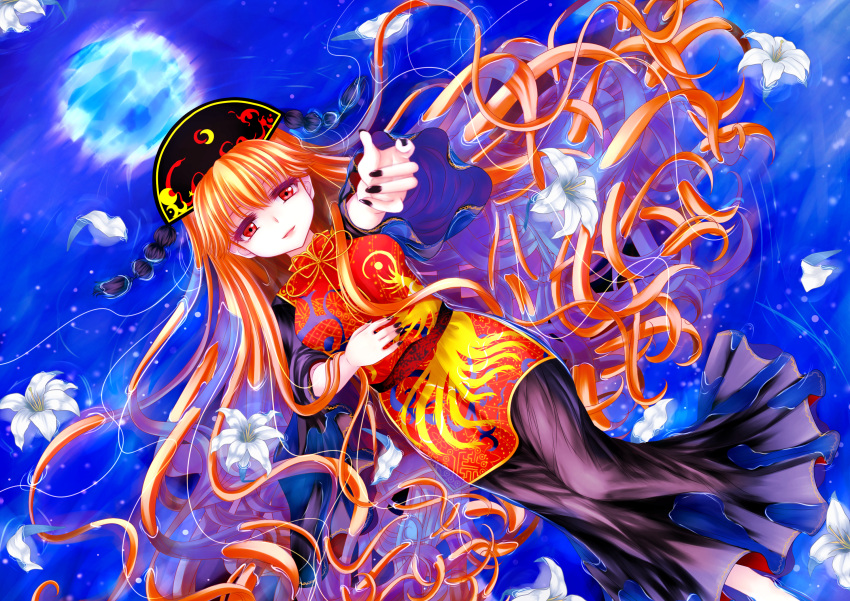 1girl absurdly_long_hair afloat arm_up black_dress chinese_clothes dress dutch_angle flower hat highres junko_(touhou) lily_(flower) long_hair long_sleeves looking_at_viewer nail_polish open_mouth orange_hair outstretched_arm posoposo red_eyes reflection smile solo tabard touhou turtleneck very_long_hair water wide_sleeves