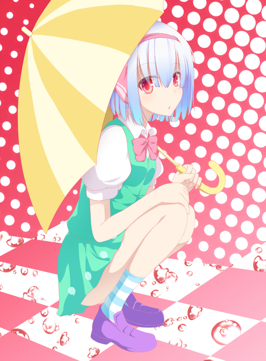 1girl blue_hair evandragon gradient_hair hairband highres holding konpaku_youmu looking_at_viewer multicolored_hair parted_lips red_eyes short_hair solo squatting touhou umbrella