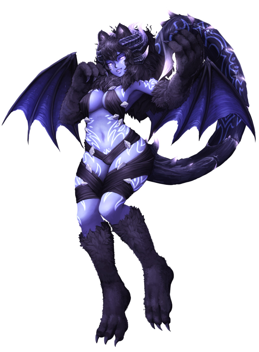 1girl animal_ears barbariank bat_wings black_hair blue_sclera blue_skin breasts claws fangs fur highres horns looking_at_viewer might_and_magic monster_girl navel paws personification scorpion_tail signature slit_pupils smirk solo tattoo transparent_background white_eyes wings