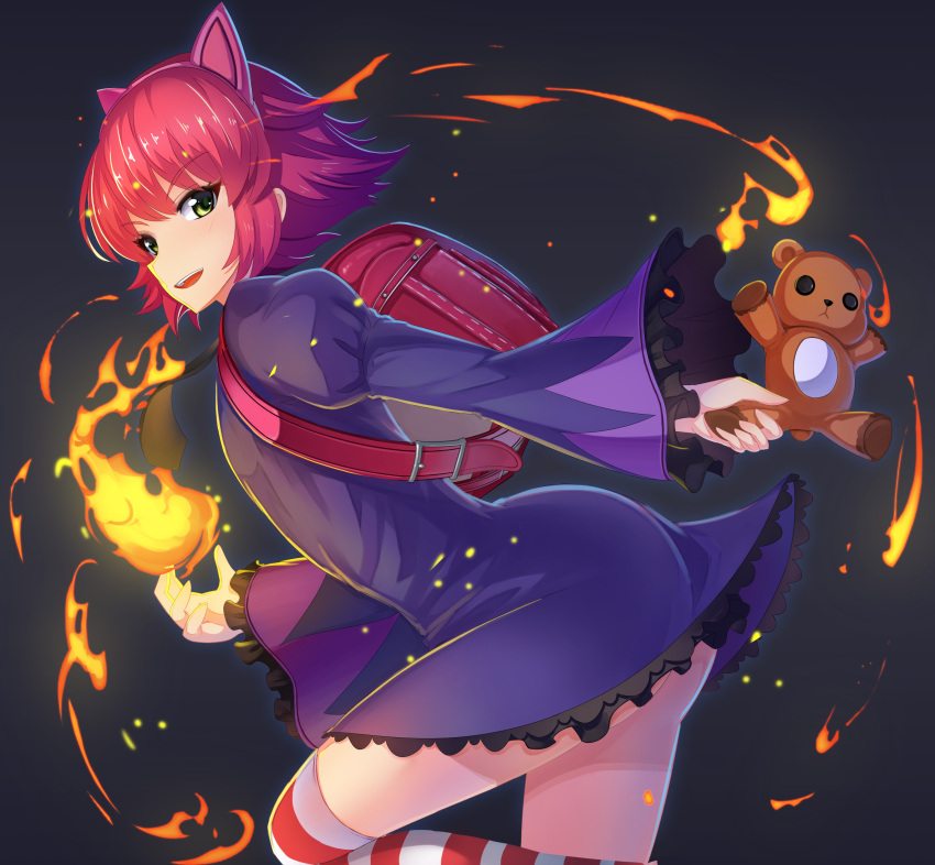 1girl absurdres animal_ears annie_hastur backpack bag cat_ears fire fireball fps green_eyes hairband highres league_of_legends looking_at_viewer open_mouth pink_hair randoseru short_hair solo striped striped_legwear stuffed_animal stuffed_toy teddy_bear thigh-highs tibbers