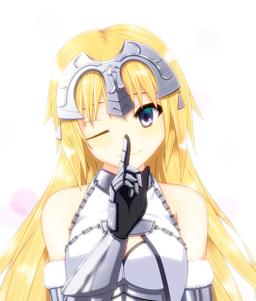 1girl armor armored_dress blonde_hair blue_eyes breasts capelet fate/apocrypha fate/grand_order fate/stay_night fate_(series) gauntlets headpiece highres jeanne_d'arc large_breasts long_hair one_eye_closed ruler_(fate/apocrypha) simple_background smile solo very_long_hair white_background