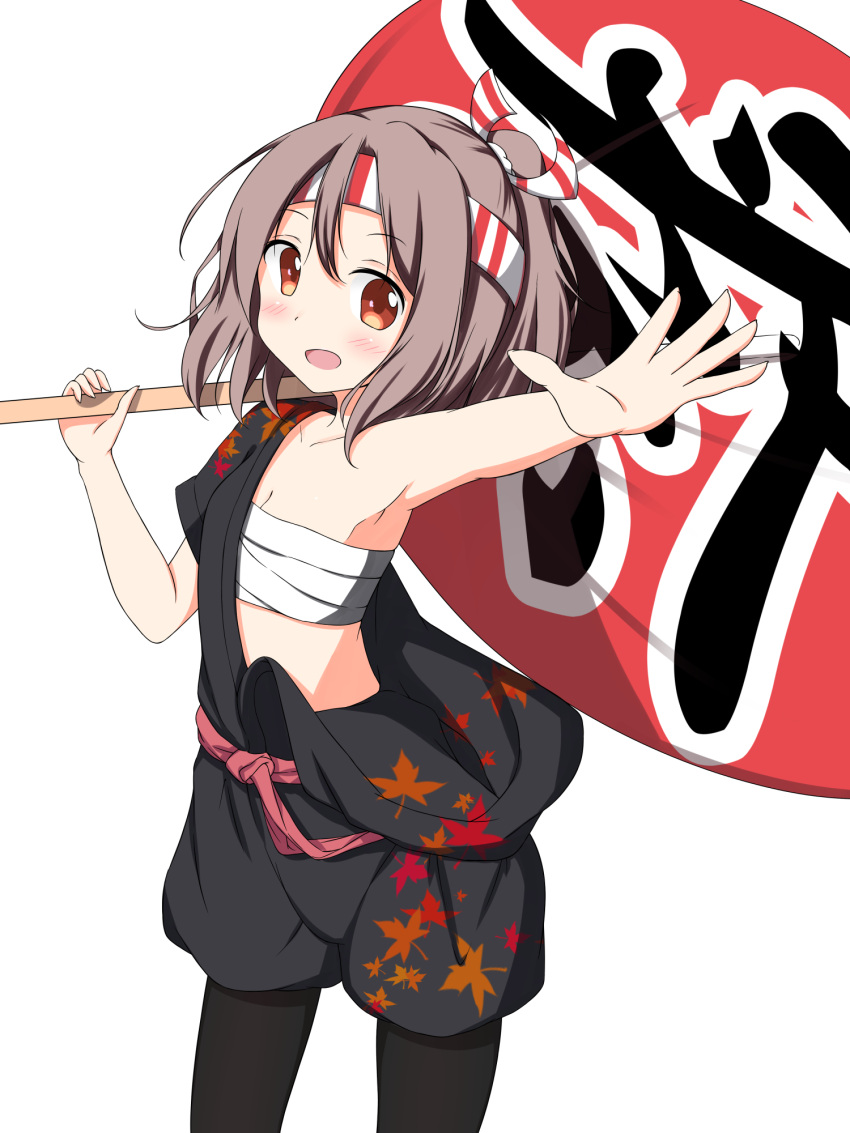 1girl alternate_costume armpits black_legwear blush brown_eyes brown_hair flat_chest hachimaki hair_ribbon happi headband high_ponytail highres holding_fan japanese_clothes kantai_collection leaf_print long_hair numpopo open_mouth oversized_object pantyhose ponytail ribbon sarashi short_sleeves simple_background solo white_background zuihou_(kantai_collection)