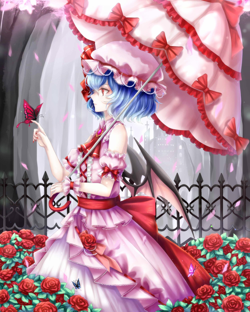 1girl absurdres bat_wings blue_hair butterfly butterfly_on_hand detached_sleeves dress embellished_costume fence flower frilled_dress frills hat highres mob_cap parasol petals red_eyes remilia_scarlet rose sheya short_hair touhou umbrella wings wrist_cuffs
