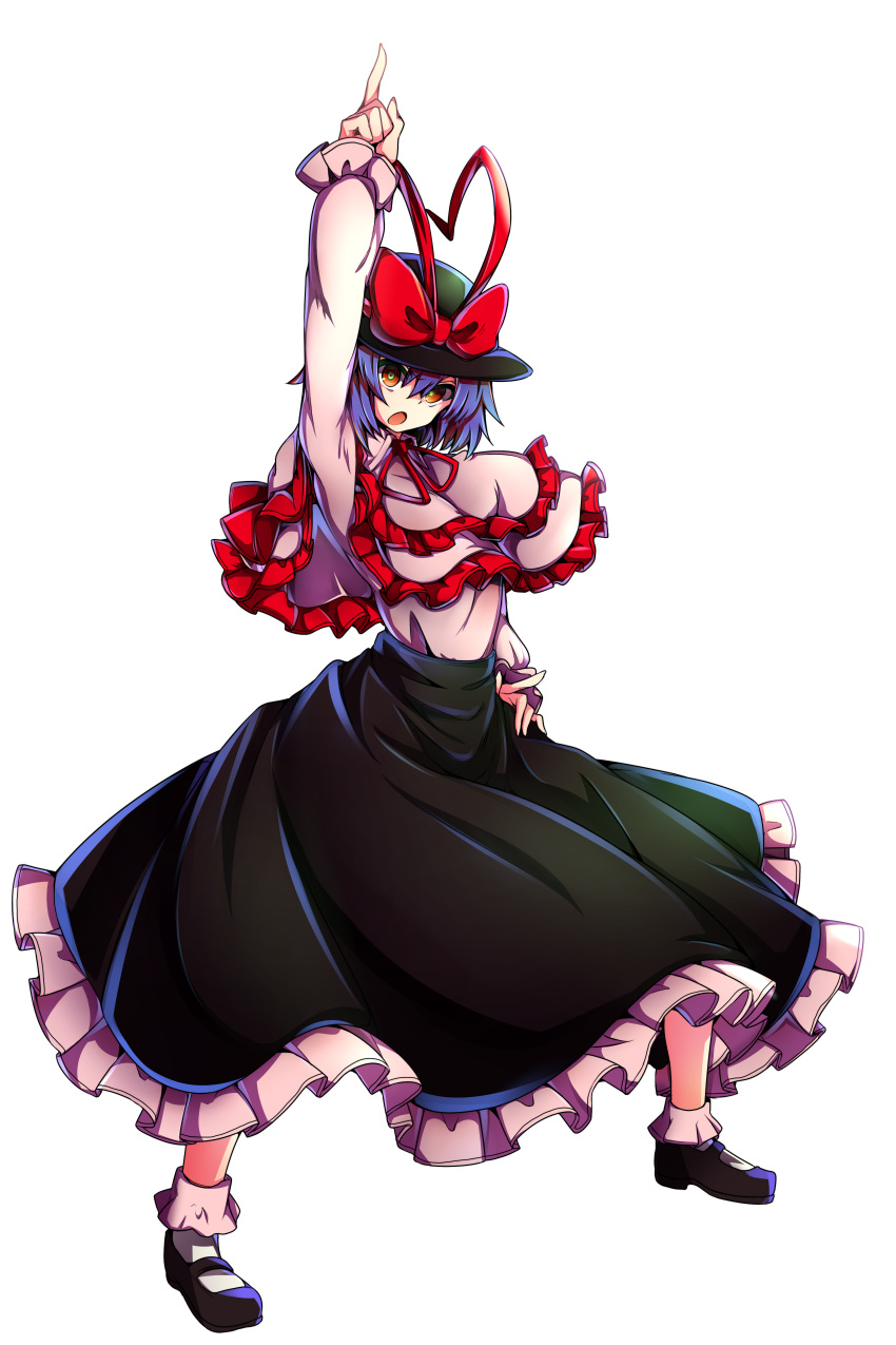 1girl absurdres arm_up baba_(baba_seimaijo) bow capelet frills full_body hat hat_bow highres long_skirt long_sleeves nagae_iku open_mouth pointing pointing_up pose purple_hair red_eyes shirt skirt solo touhou