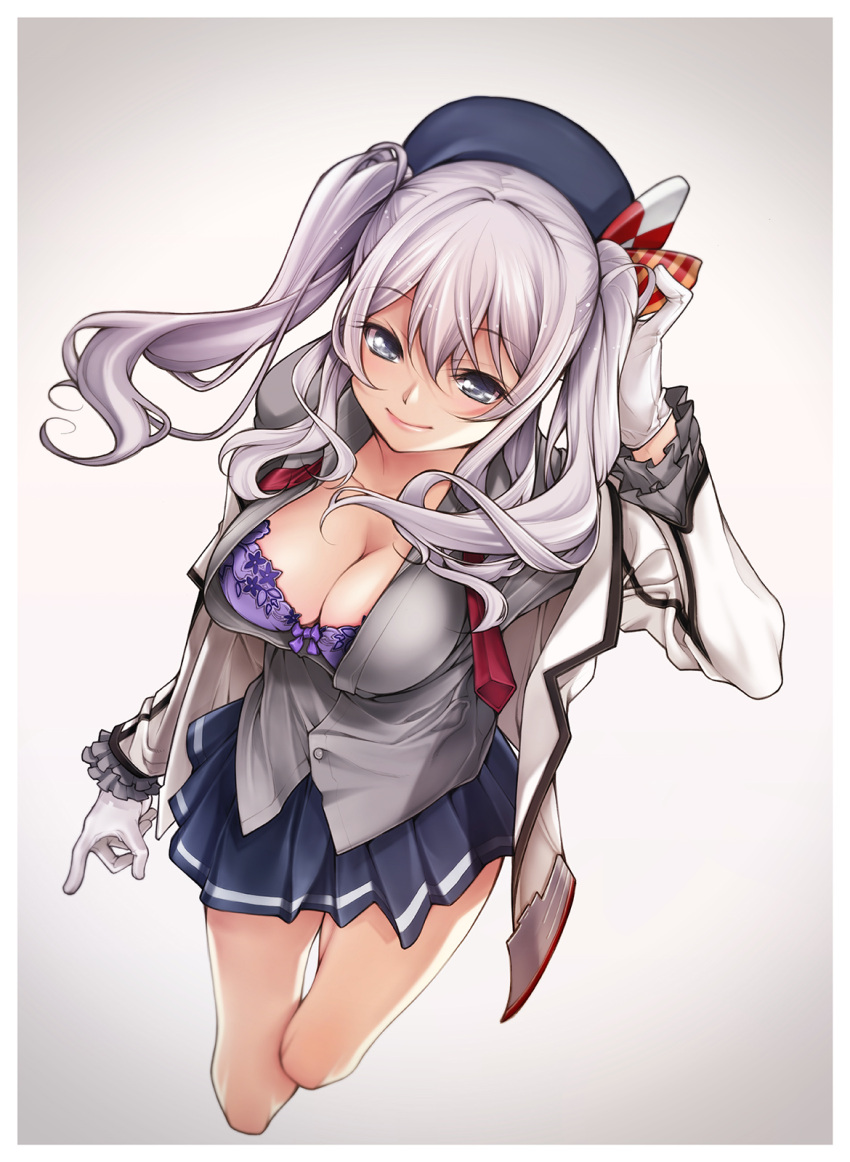 1girl blue_skirt bra breasts cleavage gloves grey_background grey_eyes hat highres kantai_collection kashima_(kantai_collection) kubu_kurin large_breasts long_hair purple_bra silver_hair skirt smile solo twintails underwear white_gloves