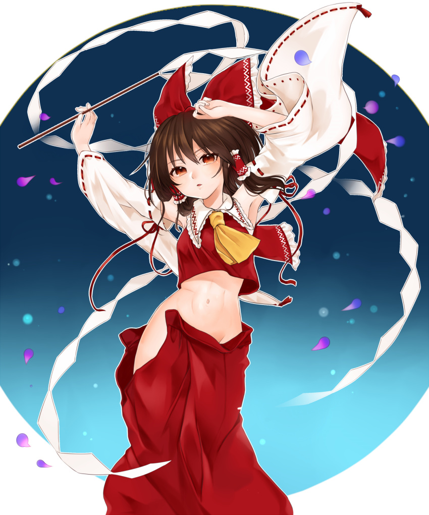 1girl armpits arms_up ascot blue_background brown_eyes brown_hair detached_sleeves gohei gotoh510 gradient gradient_background hair_ribbon hair_tubes hakurei_reimu highres japanese_clothes long_sleeves looking_at_viewer midriff miko navel no_panties open_mouth petals ribbon shirt short_hair skirt solo touhou wide_sleeves