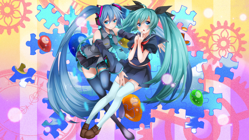 2girls aqua_eyes aqua_hair boots detached_sleeves dual_persona full_body hatsune_miku headphones highres kanna_(chaos966) loafers long_hair multiple_girls navel necktie open_mouth puzzle_piece school_uniform serafuku shoes skirt smile thigh-highs thigh_boots twintails very_long_hair vocaloid