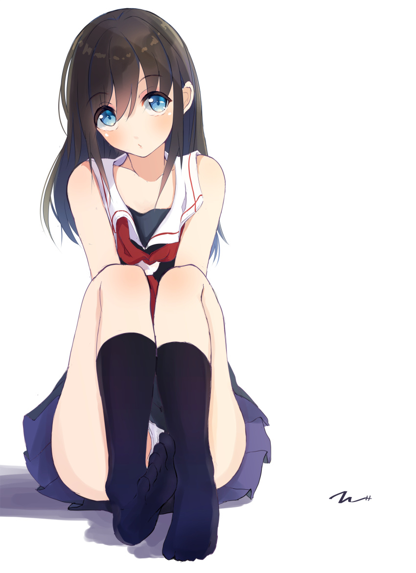 1girl alternate_hairstyle artist_name bare_shoulders black_legwear black_serafuku black_shirt black_skirt blue_eyes blush brown_hair eyebrows eyebrows_visible_through_hair full_body hair_between_eyes head_tilt highres kantai_collection kneehighs long_hair looking_at_viewer neckerchief panties pantyshot pantyshot_(sitting) pleated_skirt red_ribbon ribbon school_uniform serafuku shigure_(kantai_collection) shirt signature sitting skirt sleeveless sleeveless_shirt soles solo tareme tbd11 toes underwear upskirt v_arms white_panties wide_hips