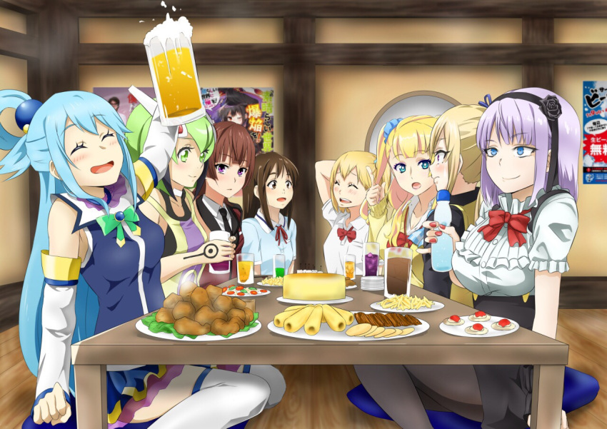 6+girls active_raid alcohol aqua_(konosuba) artist_request beer blonde_hair blue_eyes blue_hair blush bottle breasts brown_eyes brown_hair character_request closed_eyes crossover dagashi_kashi dimension_w eating female green_eyes green_hair gyaru-ko hairband kawakami_mai kazari_asami kono_subarashii_sekai_ni_shukufuku_wo! large_breasts multiple_girls musaigen_no_phantom_world open_eyes oshiete!_gyaru-ko-chan pantyhose season_connection shidare_hotaru source_request tagme violet_eyes water_bottle yurizaki_mira