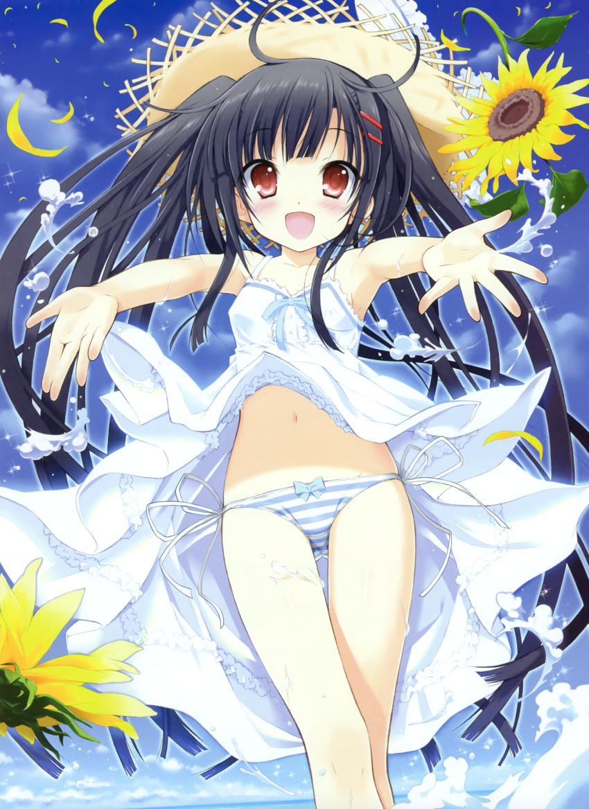 1girl :d absurdres armpits black_hair blush bow dress flower hair_ornament hairclip hat highres long_hair looking_at_viewer navel open_mouth original outstretched_hand panties red_eyes ribbon side-tie_panties smile solo sparkle straw_hat string_panties striped striped_panties sundress sunflower takahashi_tetsuya twintails underwear very_long_hair water