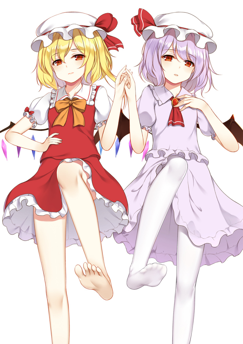 2girls ascot bangs bare_legs barefoot bat_wings blonde_hair bow bowtie brooch commentary_request crystal dress eyebrows_visible_through_hair feet_out_of_frame flan_(seeyouflan) flandre_scarlet frilled_shirt_collar frills hand_on_hip hand_on_own_chest hand_up hat hat_ribbon highres jewelry ke-ta_(style) lavender_hair leg_up looking_at_viewer miniskirt mob_cap multiple_girls no_shoes orange_bow orange_neckwear pantyhose purple_dress red_eyes red_neckwear red_ribbon red_skirt red_vest remilia_scarlet ribbon short_hair siblings simple_background sisters skirt skirt_set soles standing standing_on_one_leg thighs touhou vest white_background white_hat white_legwear wings
