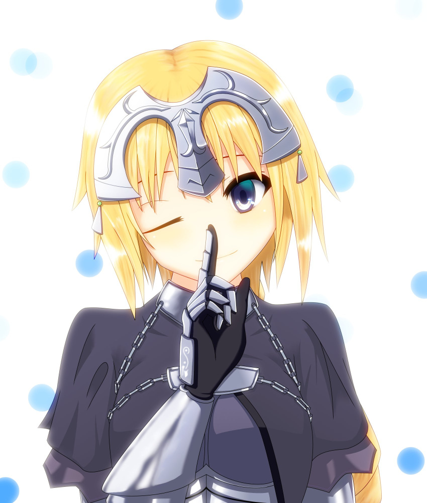 1girl alternate_color armor armored_dress blonde_hair braid breasts capelet fate/apocrypha fate/grand_order fate/stay_night fate_(series) gauntlets headpiece highres jeanne_d'arc large_breasts long_hair looking_at_viewer one_eye_closed ruler_(fate/apocrypha) single_braid smile solo violet_eyes