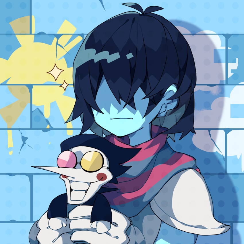 1boy 1other :| androgynous antenna_hair armor black_hair blue_hair blue_scarf blue_skin blush_stickers brick_wall carrying carrying_person closed_mouth colored_skin commentary_request crack crossed_bangs deltarune drop_shadow expressionless facing_viewer gloves grin highres kris_(deltarune) nikorashi-ka no_eyes no_nose pauldrons pink-tinted_eyewear pink_scarf pointy_nose portrait round_eyewear scarf shaded_face short_hair shoulder_armor smile spamton_g._spamton sparkle sunglasses tinted_eyewear two-tone_scarf white_gloves white_skin yellow-tinted_eyewear