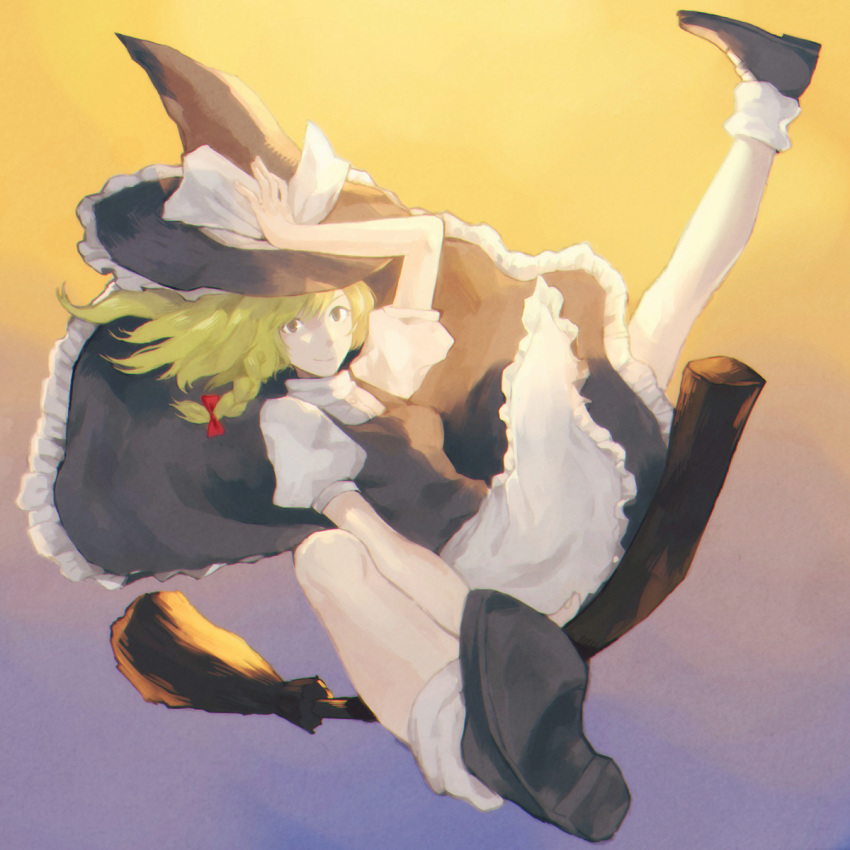 1girl apron arm_up blonde_hair bow braid broom broom_riding dutch_angle full_body gradient gradient_background hair_bow hat hat_ribbon highres huyukai_higeta kirisame_marisa long_hair looking_at_viewer mary_janes multicolored_background outstretched_leg puffy_sleeves ribbon shirt shoes short_sleeves side_braid single_braid skirt skirt_set smile socks solo touhou turtleneck vest waist_apron white_legwear witch_hat