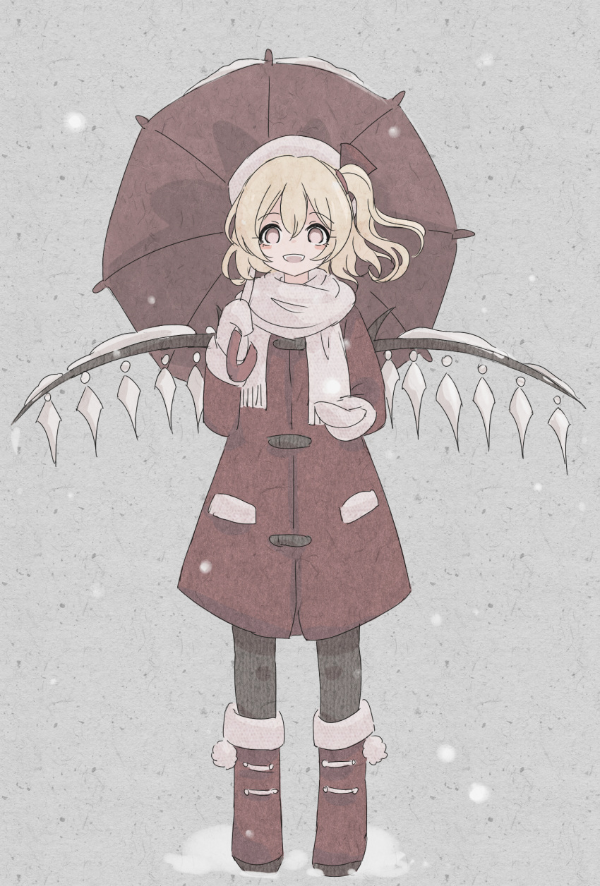 1girl aaaabo alternate_costume bangs black_pants blonde_hair blush bow coat flandre_scarlet hair_between_eyes hair_bow hand_up highres holding holding_umbrella looking_at_viewer mittens no_pupils open_mouth pants pantyhose scarf short_hair side_ponytail smile snow_boots snowing solo touhou umbrella wings winter_clothes winter_coat