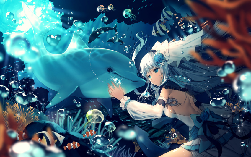 1girl air_bubble anchor aqua_eyes bare_back bow breasts clownfish coral dolphin dress fish flower grey_hair hair_flower hair_ornament jellyfish jewelry kurosawalena long_hair looking_at_another necklace original pearl_necklace seaweed sideboob smile underwater wedding_dress
