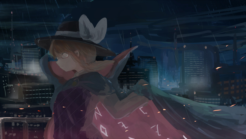 1girl bow brown_eyes brown_hair cape city city_lights cityscape expressionless faux_traditional_media glasses hair_tie hat hat_bow highres long_sleeves mifuru night night_sky no_lineart purple_vest rain red-framed_glasses semi-rimless_glasses shirt short_hair sidelocks sky solo split_ponytail touhou under-rim_glasses upper_body usami_sumireko white_shirt