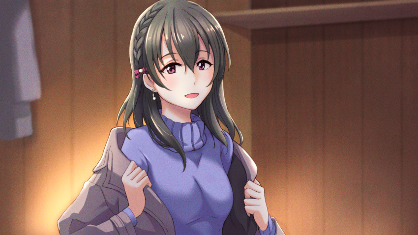 1girl black_hair idolmaster idolmaster_cinderella_girls kaoru348 long_hair solo sweater violet_eyes