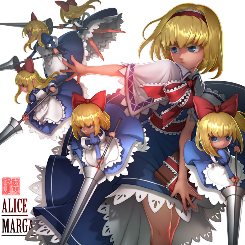 1girl alice_margatroid apron blonde_hair blue_dress blue_eyes book capelet character_name colored_eyelashes doll dress hair_ribbon hairband highres long_hair long_sleeves looking_away outstretched_arm puffy_sleeves ribbon sash shanghai_doll short_hair simple_background solo touhou waist_apron weapon white_background zhaoyebai