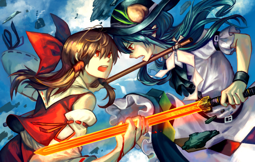 2girls aerial_battle armband ascot battle belt bleeding blood blue_hair blue_skirt bow brown_hair day debris detached_sleeves food frilled_skirt frills fruit gohei hair_bow hair_tubes hakurei_reimu hat head_to_head hinanawi_tenshi keystone long_hair long_skirt multiple_girls open_mouth ouka_musci outstretched_arm peach pointy_ears red_eyes red_skirt red_vest ribbon-trimmed_collar ribbon-trimmed_sleeves ribbon_trim shiny shiny_hair shirt short_sleeves skirt sleeveless sleeveless_shirt sword_of_hisou teeth touhou white_shirt wristband