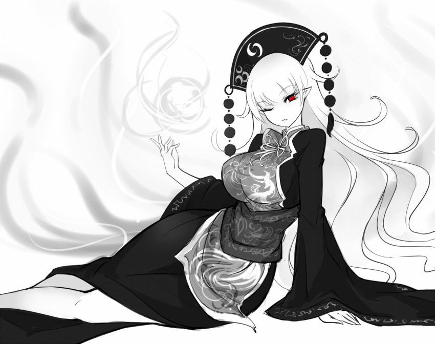 1girl breasts chinese_clothes dress energy energy_ball greyscale hand_up hat hips junko_(touhou) legs long_hair long_sleeves looking_at_viewer monochrome multiple_tails obi one_eye_closed parted_lips pointy_ears raptor7 red_eyes ribbon sash side_slit sitting spot_color tabard tail touhou very_long_hair waist wide_sleeves yokozuwari