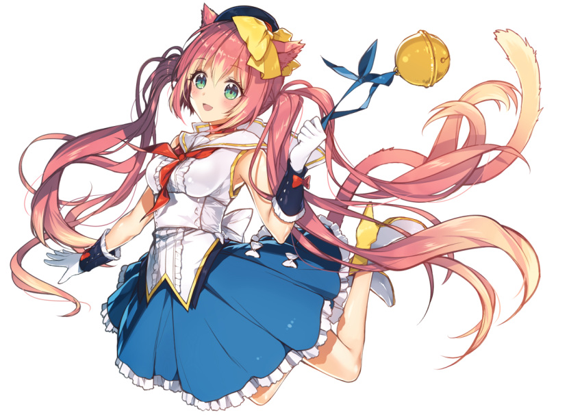 1girl animal_ears armpits bell blush boots bow breasts cat_ears cat_tail collar glove_bow gloves green_eyes hair_bow hat jumping kurosawalena long_hair neckerchief open_mouth original pink_hair red_ribbon ribbon skirt sleeveless smile solo tail twintails very_long_hair