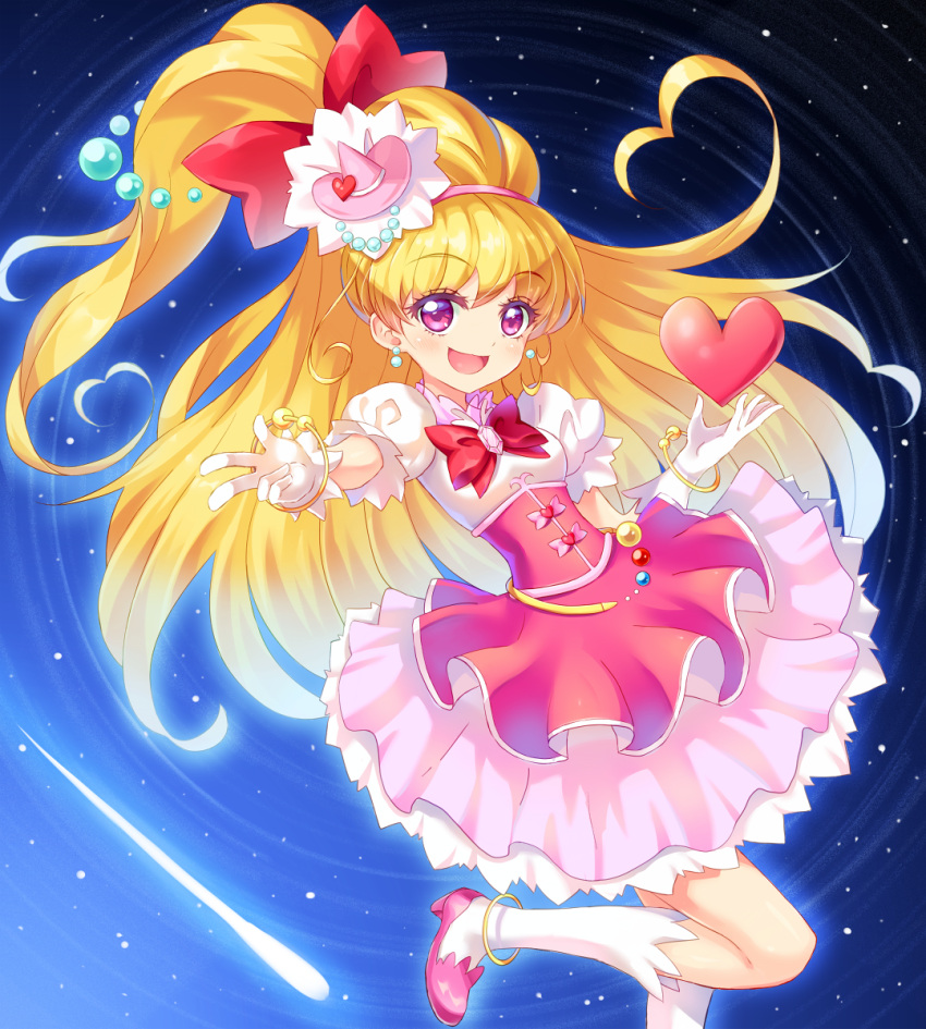 1girl :d asahina_mirai bow bracelet cure_miracle gloves hair_bow hat heart highres jewelry long_hair looking_at_viewer magical_girl mahou_girls_precure! mushuu open_mouth pink_eyes ponytail precure smile solo white_gloves witch_hat