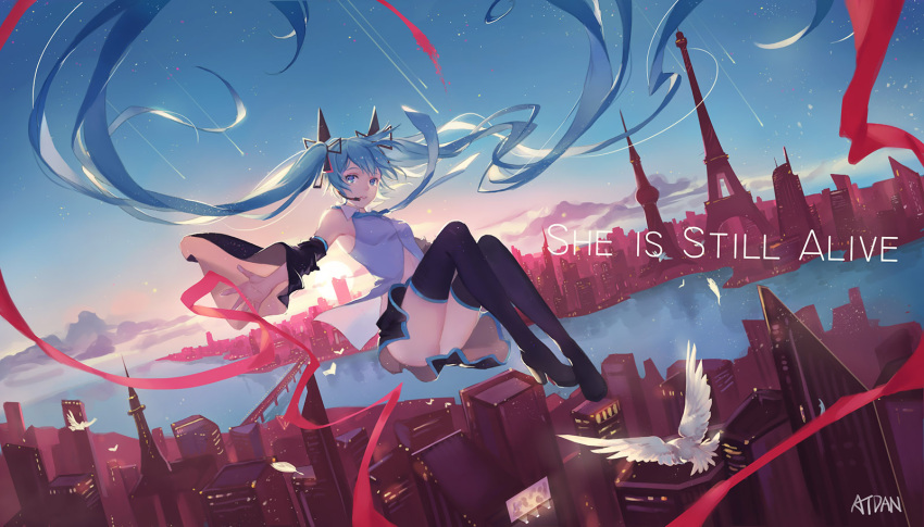 1girl animal armpits artist_name atdan backlighting bird black_boots blue_eyes blue_hair blue_necktie boots bridge city city_lights eiffel_tower english feathered_wings floating_hair full_body grey_shirt hatsune_miku headgear headset highres knees_up long_hair looking_at_viewer morning necktie outstretched_arm parted_lips red_ribbon ribbon river shirt shooting_star sky sleeveless sleeveless_shirt solo spread_fingers star_(sky) starry_sky sun sunlight sunrise tareme thigh-highs thigh_boots tower very_long_hair vocaloid water wings