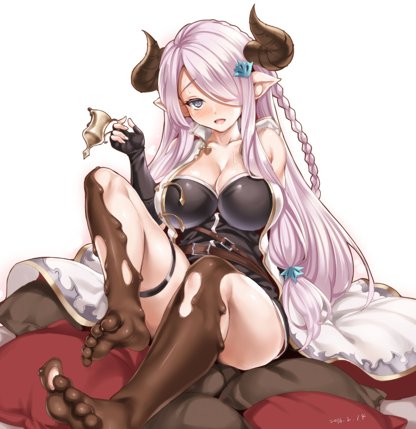 1girl barefoot belt blush braid breasts cape chocolate cleavage collarbone feet granblue_fantasy grey_eyes hair_ornament hair_over_one_eye hairpin heart heart-shaped_pupils highres horns kure_masahiro large_breasts lavender_hair looking_at_viewer narumeia_(granblue_fantasy) open_mouth pointy_ears simple_background single_braid sitting solo symbol-shaped_pupils teeth thigh_strap white_background