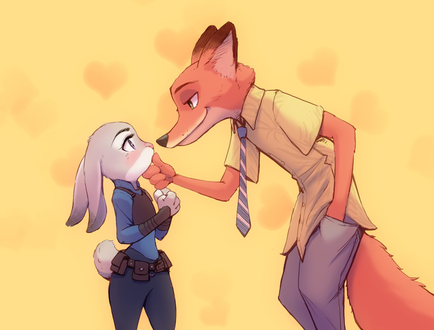 1boy 1girl belt blue_eyes blush chin_grab couple eye_contact fox from_side furry green_eyes hachifuku hand_in_pocket heart judy_hopps looking_at_another necktie nick_wilde police police_uniform rabbit smile uniform utility_belt zootopia