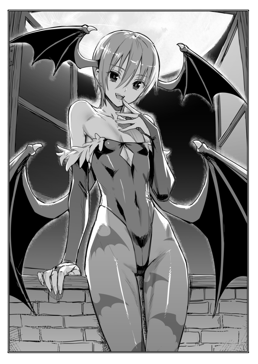 1girl arm_support bare_shoulders bat_print bat_wings bridal_gauntlets collarbone covered_navel demon_girl fangs finger_to_mouth flat_chest full_moon hair_between_eyes head_wings highres kawakami_rokkaku leotard lilith_aensland looking_at_viewer monochrome moon open_mouth open_window pantyhose print_legwear short_hair smile solo succubus vampire_(game) window wings