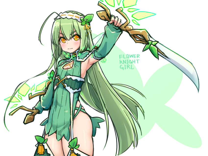 1girl copyright_name cowboy_shot detached_sleeves expressionless fingerless_gloves flat_chest flower_knight_girl gloves green green_gloves green_hair green_skirt hairband long_hair looking_at_viewer miniskirt mint_(flower_knight_girl) reverse_grip side_slit skirt solo stroma sword thigh_strap weapon white_background yellow_eyes