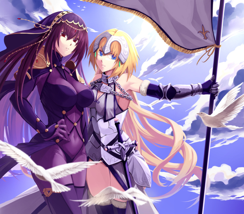 2girls armor armored_dress bird blonde_hair blue_eyes bodysuit breasts cleavage covered_navel dress fate/apocrypha fate/grand_order fate_(series) gauntlets hand_on_hip headpiece jeanne_d'arc jh large_breasts long_hair multiple_girls pauldrons purple_hair red_eyes ruler_(fate/apocrypha) scathach_(fate/grand_order) smile thigh-highs very_long_hair violet_eyes