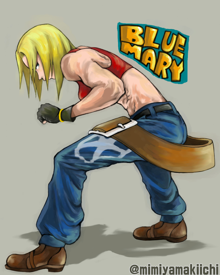 1girl abs baggy_pants bare_shoulders belt blonde_hair blue_eyes blue_mary crop_top fatal_fury fingerless_gloves gloves halterneck highres midriff mimiyama_kiichi muscle pants short_hair snk solo straight_hair the_king_of_fighters