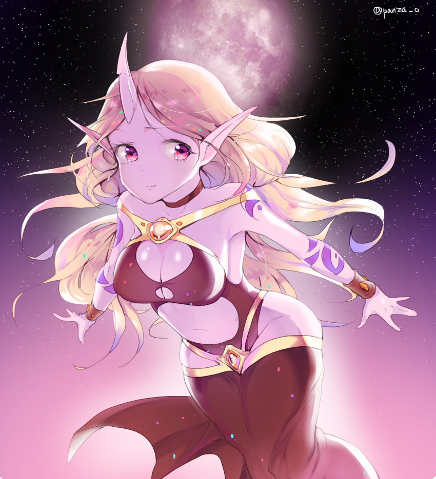 1girl alternate_costume bad_proportions bracelet breasts choker cleavage cleavage_cutout full_moon highres horn jewelry league_of_legends leaning_forward long_hair midriff moon navel outdoors panza pointy_ears purple_skin sky smile solo soraka standing star_(sky) starry_sky tattoo twitter_username violet_eyes white_hair