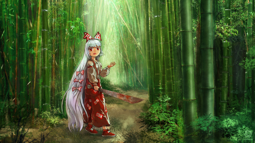 1girl absurdres forest fujiwara_no_mokou highres limfoman long_hair machete nature touhou very_long_hair weapon