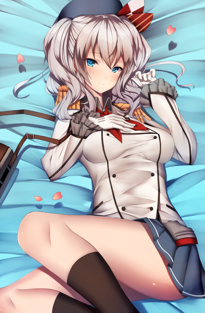 1girl black_hair blue_eyes blush breasts double-breasted epaulettes gloves highres inaba_sunimi kantai_collection kashima_(kantai_collection) kneehighs looking_at_viewer lying on_back pleated_skirt silver_hair skirt smile solo twintails white_gloves