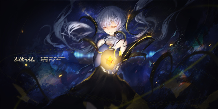 1girl bare_shoulders black_dress black_gloves closed_eyes dress elbow_gloves fingerless_gloves gloves highres long_hair silver_hair sleeveless sleeveless_dress smile solo swd3e2 twintails very_long_hair vocaloid xingchen