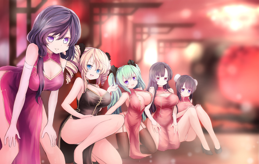 :d aqua_hair bangs bare_legs bent_over black_dress black_legwear black_shoes blonde_hair blue_eyes blurry breasts bun_cover china_dress chinese_clothes cleavage cleavage_cutout depth_of_field detached_sleeves double_bun dress drill_hair garter_straps gloves hair_ornament hair_over_shoulder hair_ribbon hair_tie head_tilt high_heels highres kneeling lantern large_breasts long_hair looking_at_viewer on_floor one_knee open_clothes open_mouth original panties pantyshot pantyshot_(sitting) paper_lantern pelvic_curtain purple_dress purple_hair red_dress red_eyes ribbon shoes sitting sleeveless sleeveless_dress smile swept_bangs thigh-highs twin_drills twintails unbuttoned underwear violet_eyes white_panties zheyi_parker