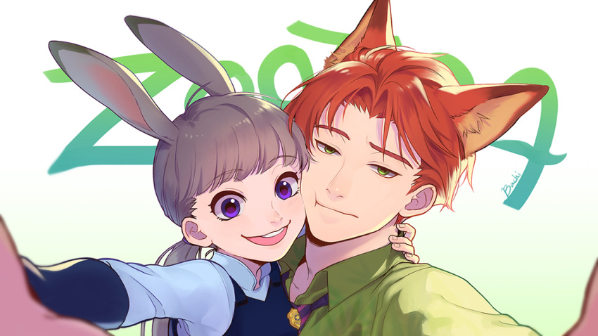 1boy 1girl :d :t ahoge animal_ears artist_name bachi_chan bangs blunt_bangs blurry blush cheek-to-cheek collared_shirt copyright_name depth_of_field dress_shirt eyebrows eyebrows_visible_through_hair fox_ears gradient gradient_background green_background green_eyes green_shirt grey_hair half-closed_eyes hand_on_another's_neck judy_hopps long_hair long_sleeves looking_at_viewer nick_wilde open_mouth parted_bangs personification rabbit_ears redhead round_teeth self_shot shirt smile taking_picture teeth upper_body violet_eyes zootopia