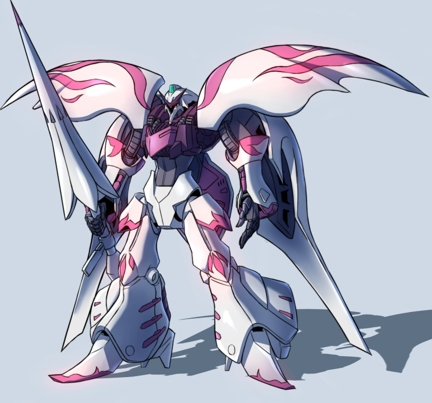 alternate_color grey_background gundam gundam_build_fighters highres lance mecha no_humans polearm qubeley qubeley_papillon shadow simple_background solo tatsu_(ashcleef) weapon zeta_gundam