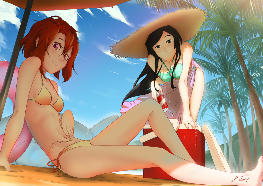 2girls absurdres arm_support barefoot bikini black_eyes black_hair breasts brown_eyes brown_hair can cooler hat highres innertube large_breasts legs long_hair multiple_girls navel palm_tree sarong scar short_hair sitting small_breasts smile stitches straw_hat swimsuit tree umbrella