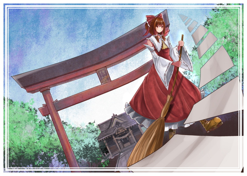 1girl adapted_costume ascot blue_sky boots bow box brown_boots collar day detached_sleeves donation_box dress frilled_collar frills hair_bow hair_tubes hakurei_reimu hakurei_shrine highres holding_broom looking_at_viewer perspective ponytail poyosuke red_dress ribbon-trimmed_sleeves ribbon_trim short_hair sky sleeveless sleeveless_dress smile solo sweeping torii touhou tree white_border